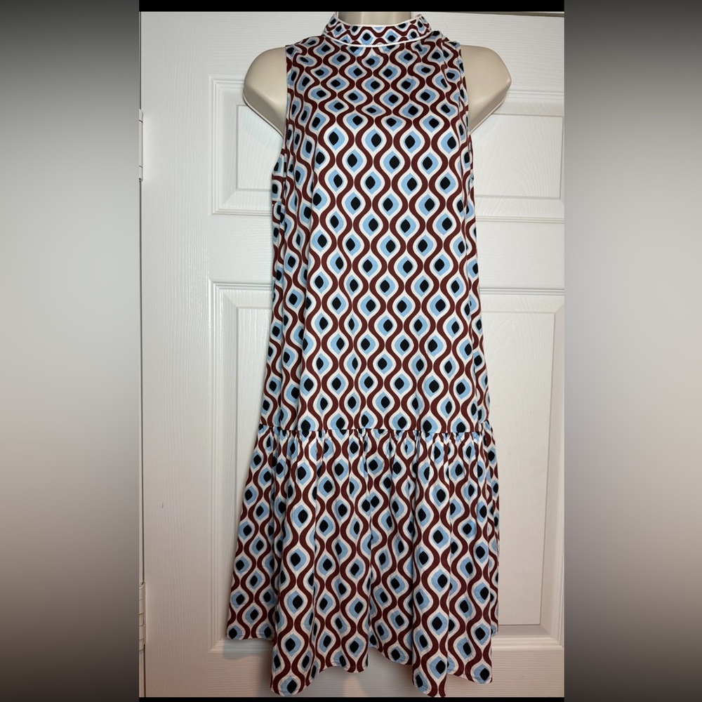MARELLA Sleeveless Geo Midi Dress in Blue, rust and white.  size 4.